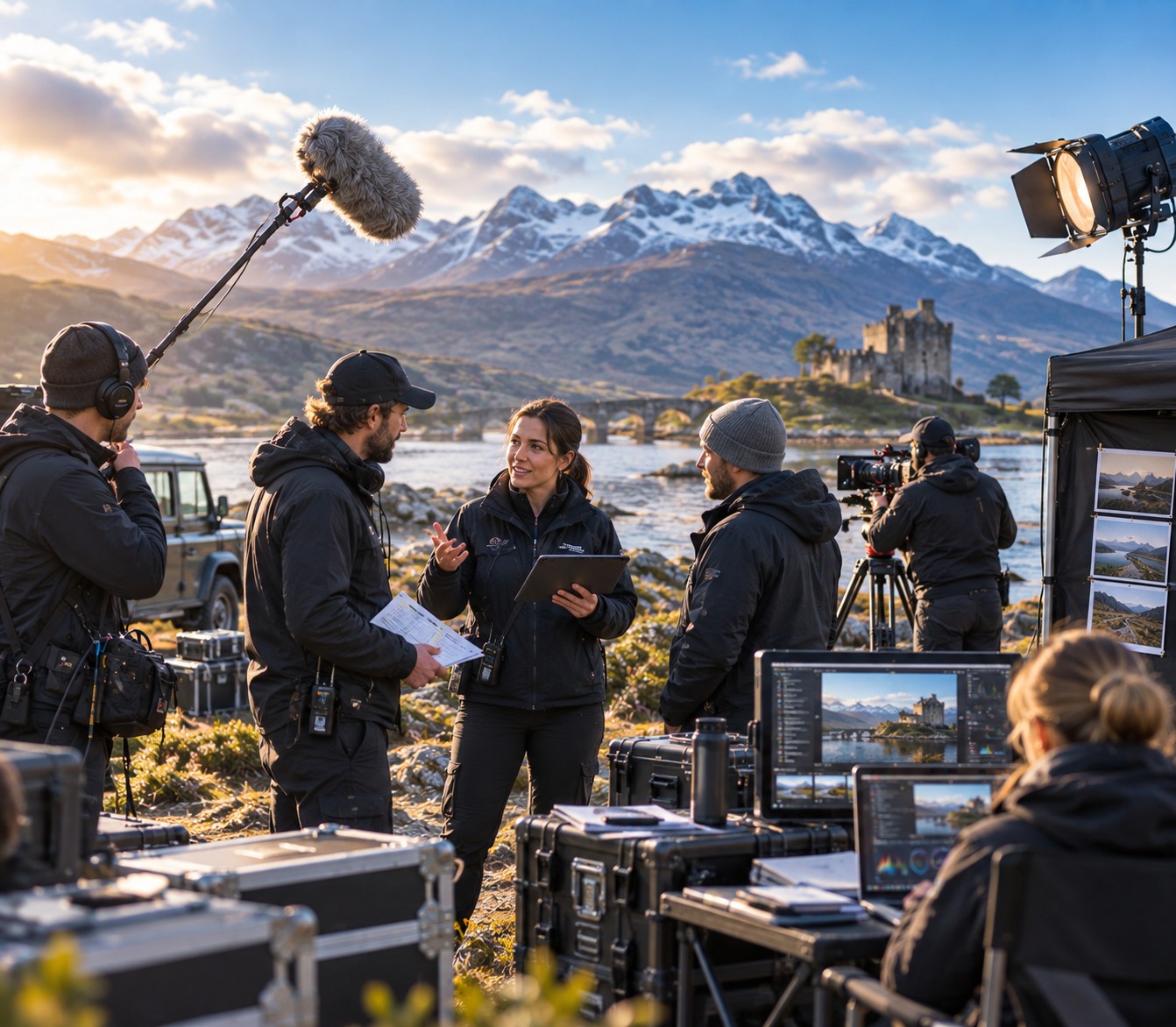 Television film or commercial production team coordinating a filming project