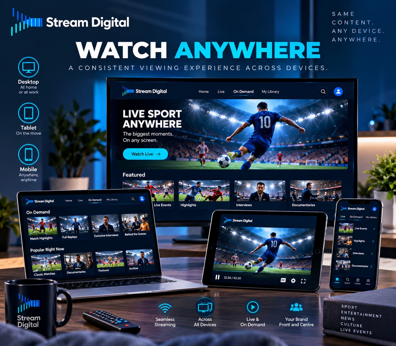 Video on demand content shown across desktop tablet and mobile devices